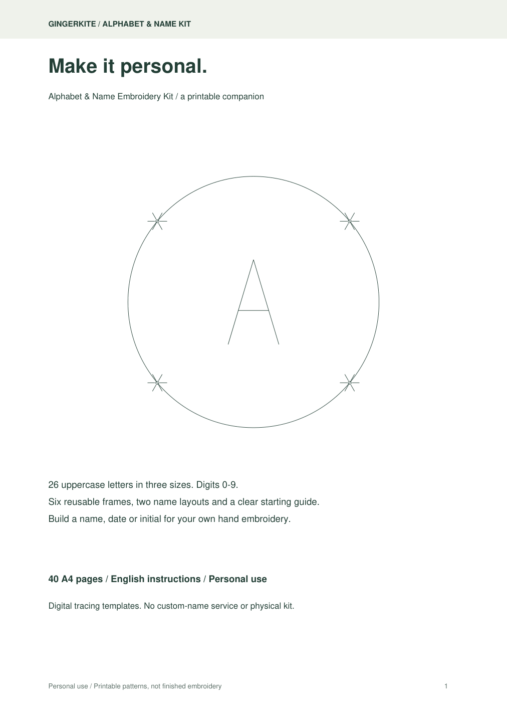 Actual cover of the 40-page Alphabet & Name Embroidery Kit printable PDF
