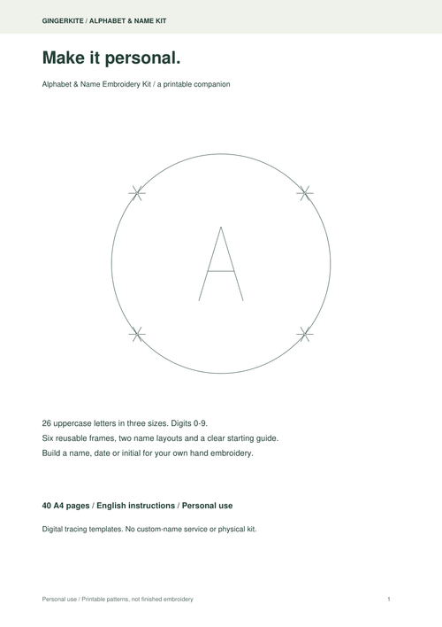 Actual cover of the 40-page Alphabet & Name Embroidery Kit printable PDF