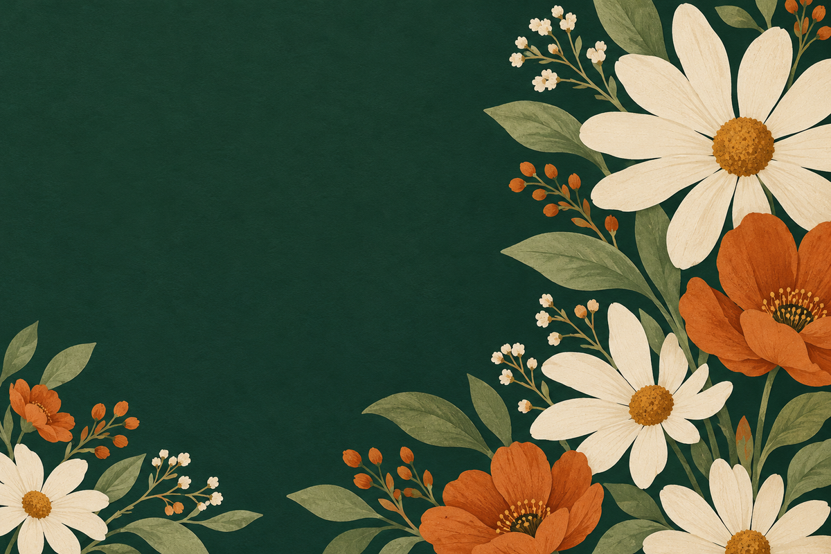 Decorative botanical illustration in forest green, ivory and ginger; not a sample embroidery design.