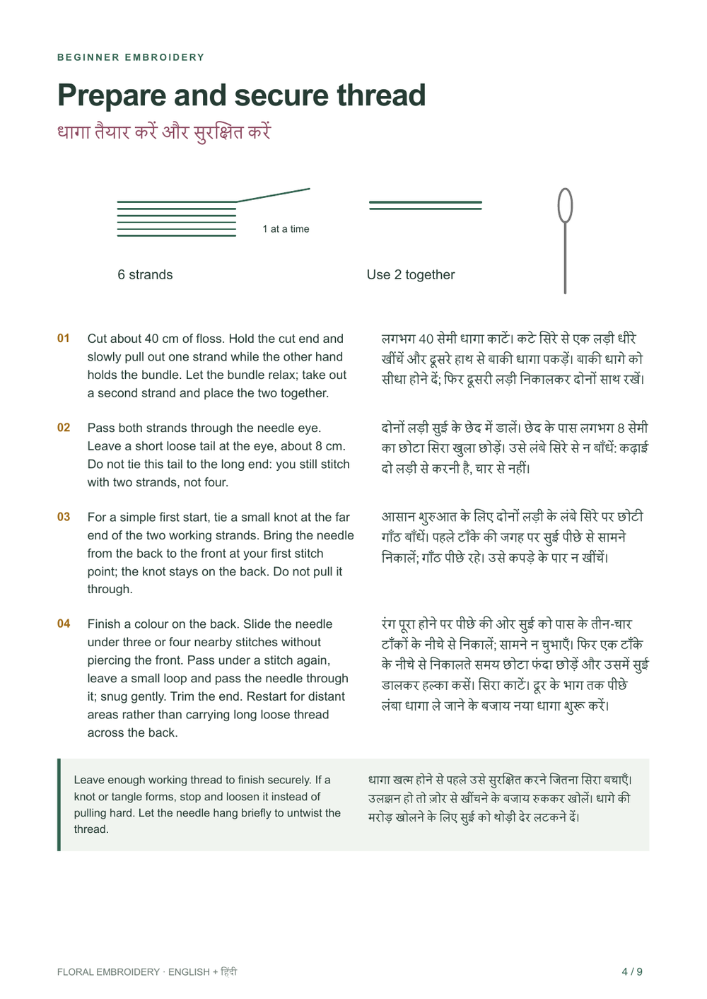 Actual First Daisy companion page 4: separating two strands, threading the needle and securing thread in Hindi and English.