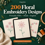 Illustrative digital mockup of Gingerkite's 200 floral embroidery designs PDF; no physical kit included.