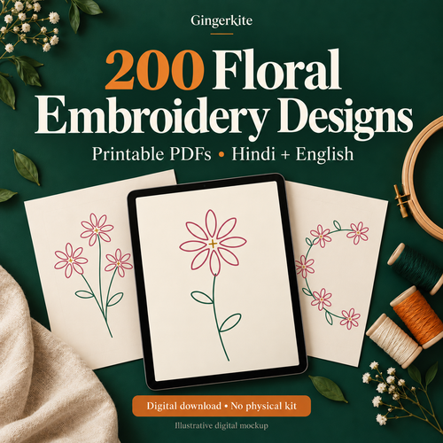 Illustrative digital mockup of Gingerkite's 200 floral embroidery designs PDF; no physical kit included.