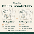 Illustrative contents overview: 443-page library and nine-page First Daisy companion, 200 designs in total.