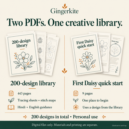 Illustrative contents overview: 443-page library and nine-page First Daisy companion, 200 designs in total.
