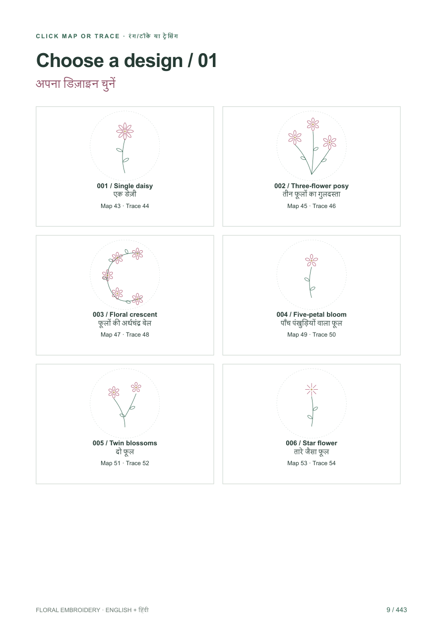 Actual library page 9 of 443: six floral designs with links to their stitch maps and tracing sheets.
