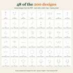 48 of the 200 designs, evenly sampled from the actual PDF catalogue (001 Single daisy to 200 Tiered four), each with a stitch map and tracing sheet.