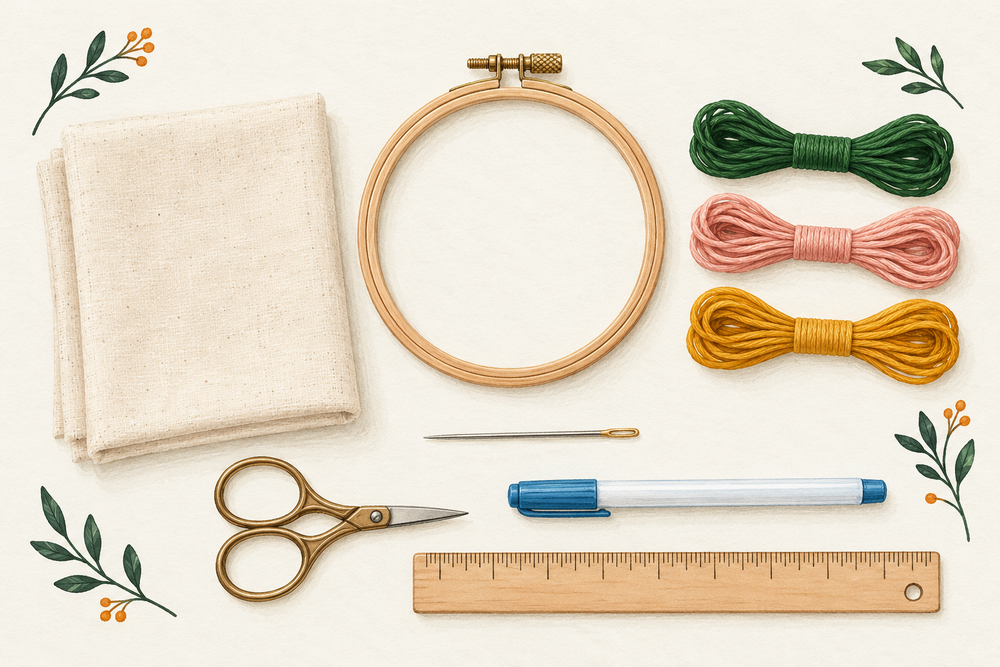 Illustration of embroidery materials to buy separately: cotton fabric, hoop, needle, floss, scissors, marking pen and ruler. No physical supplies are included.