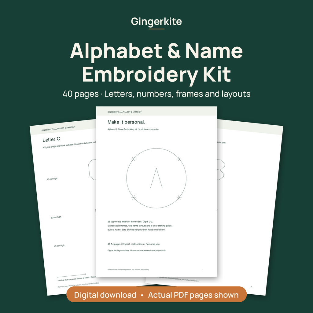 Alphabet & Name Embroidery Kit cover showing three actual pages from the 40-page PDF: title page and the Letter B and Letter C tracing sheets. Digital download.