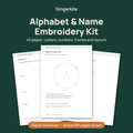 Alphabet & Name Embroidery Kit cover showing three actual pages from the 40-page PDF: title page and the Letter B and Letter C tracing sheets. Digital download.
