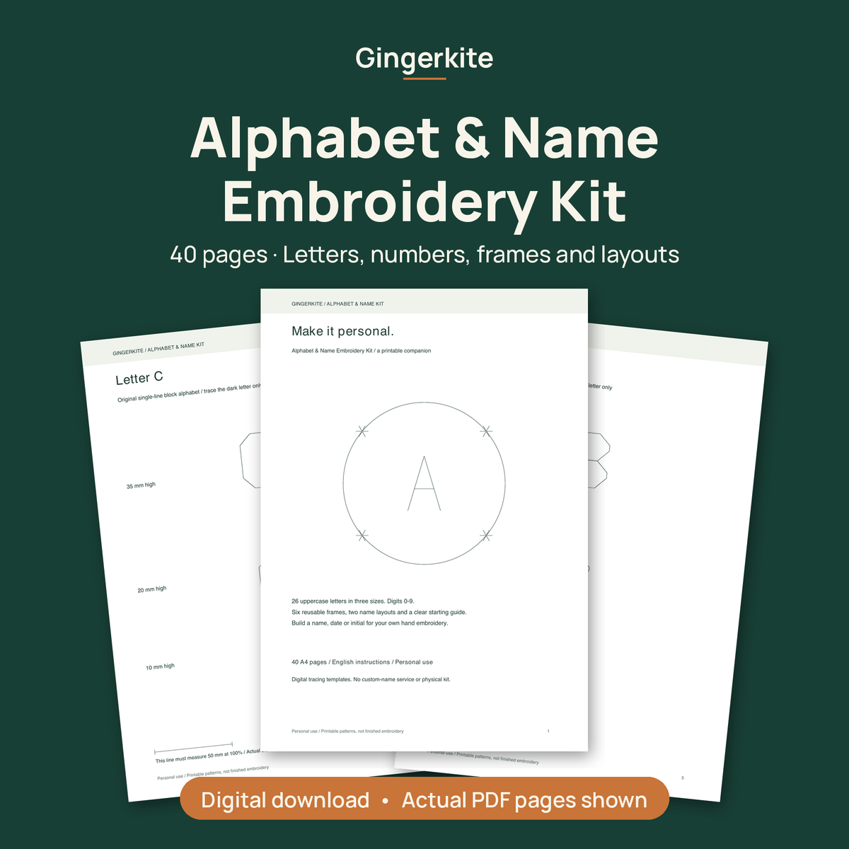 Alphabet & Name Embroidery Kit cover showing three actual pages from the 40-page PDF: title page and the Letter B and Letter C tracing sheets. Digital download.