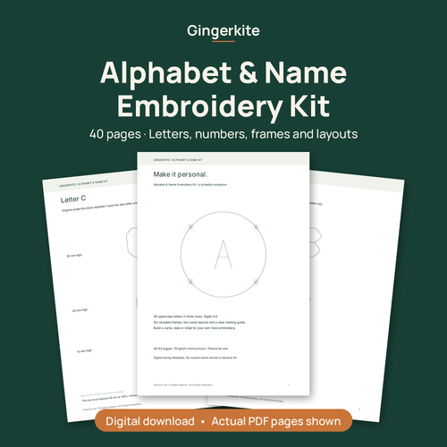 Alphabet & Name Embroidery Kit cover showing three actual pages from the 40-page PDF: title page and the Letter B and Letter C tracing sheets. Digital download.