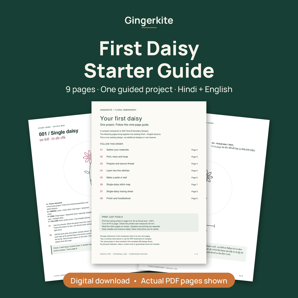 First Daisy Starter Guide cover showing three actual pages from the 9-page PDF: contents, single daisy stitch map and tracing sheet. Digital download.