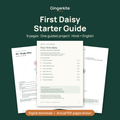 First Daisy Starter Guide cover showing three actual pages from the 9-page PDF: contents, single daisy stitch map and tracing sheet. Digital download.