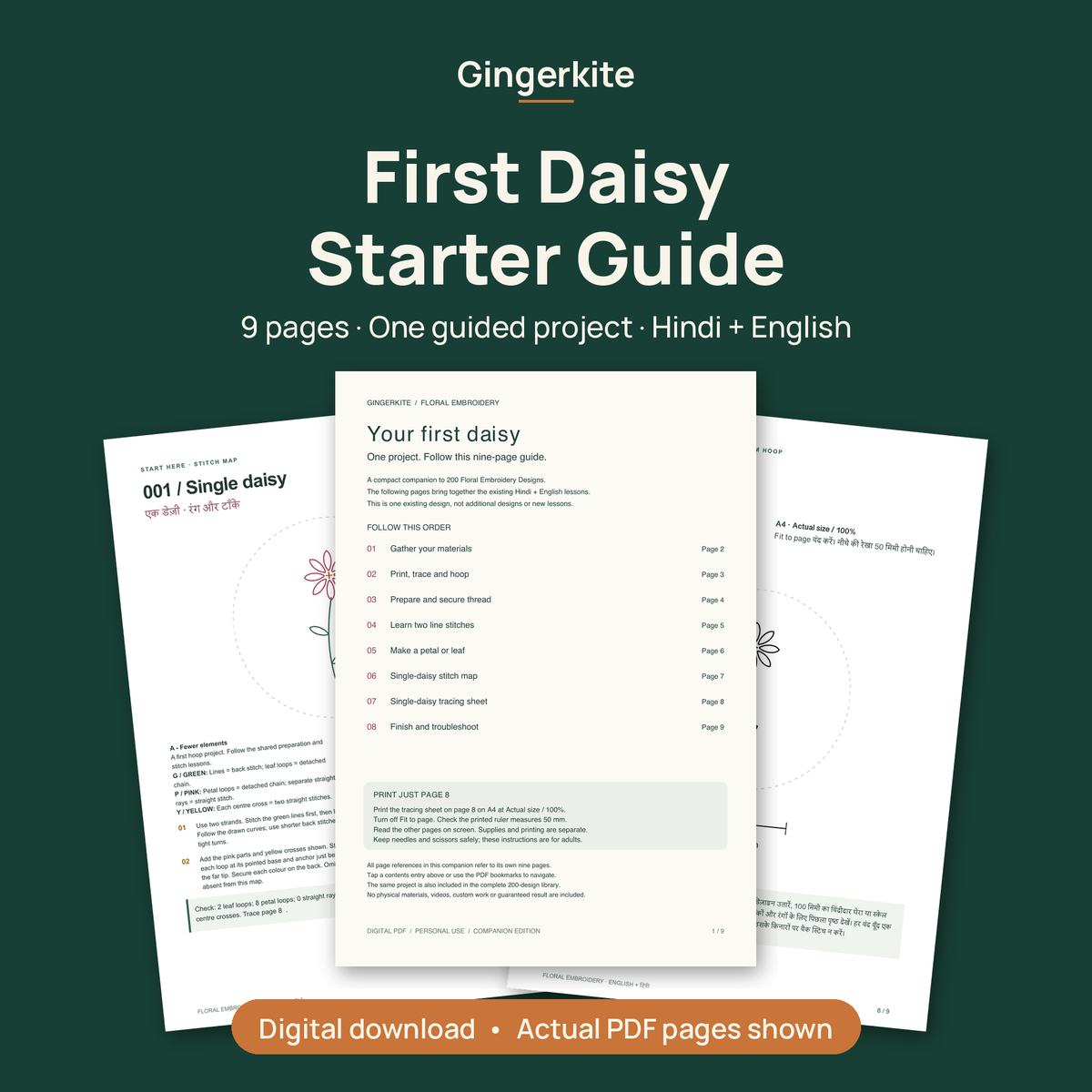First Daisy Starter Guide cover showing three actual pages from the 9-page PDF: contents, single daisy stitch map and tracing sheet. Digital download.
